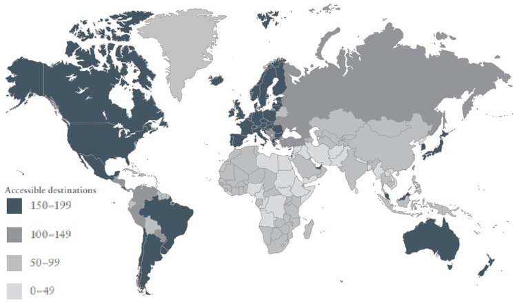 El mapa de los países, coloreados según su capacidad de viaje sin visa